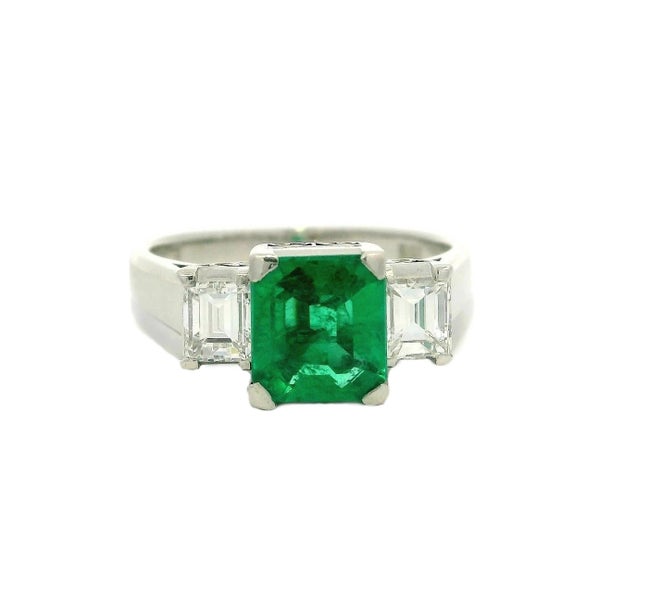 Vintage Platinum 1.57ctw Square Emerald and Diamond 3 Stone Engagement Ring Carousel 2