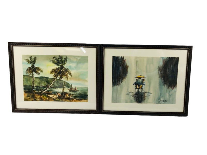 2 x Framed Vintage Art Prints - Rickshaw and Boating Scene (20639)629306962772511115