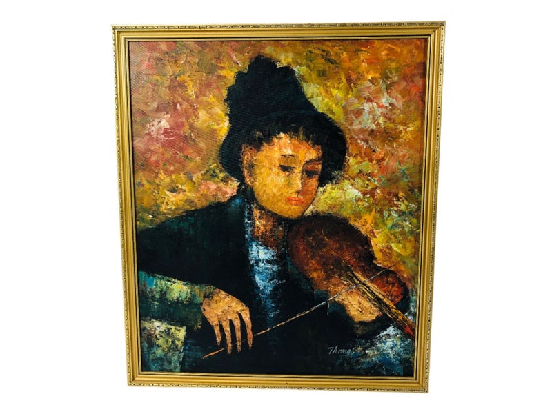 Oil Painting "Boy Playing Violin" Signed Thomas (20632)629306962897941113