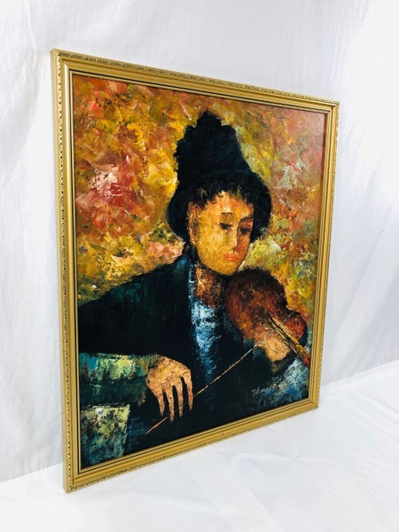 Oil Painting "Boy Playing Violin" Signed Thomas (20632)62930696289794112