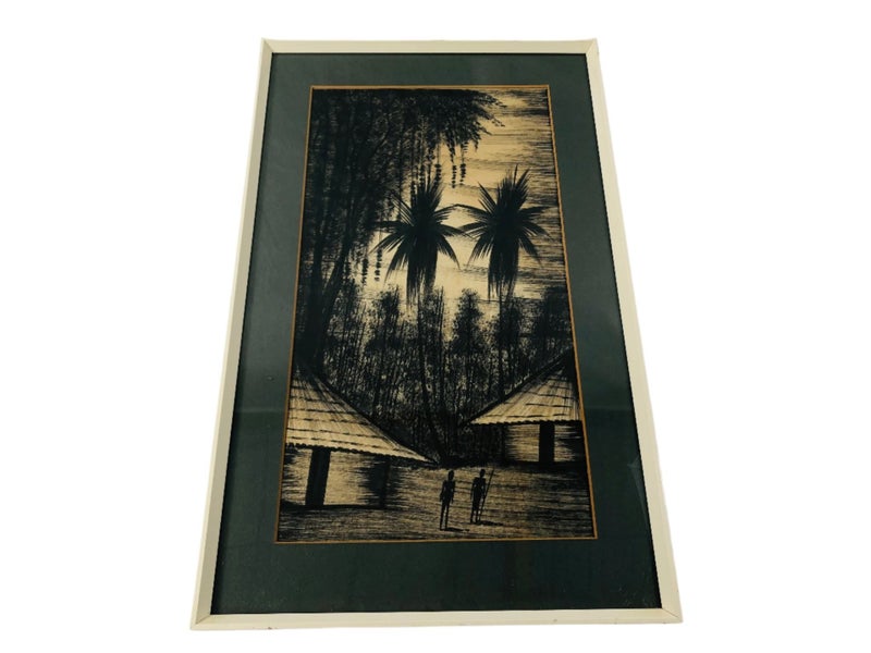 Vintage India Ink Framed Village Scene (20637)629317260972831127