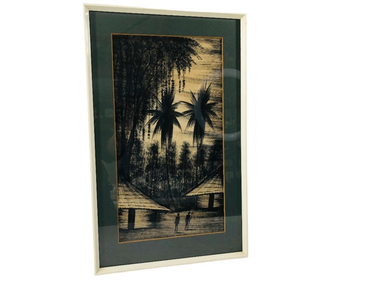Vintage India Ink Framed Village Scene (20637)62931726097283111