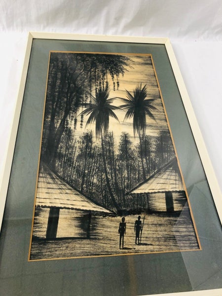 Vintage India Ink Framed Village Scene (20637)62931726097283112