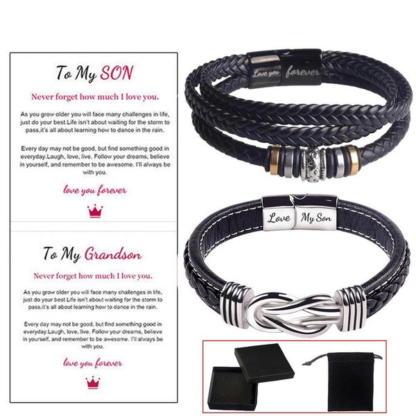 2 Styles To My Son Love You Forever Leather Braided Bracelet Wristband+Gift Card Carousel 1