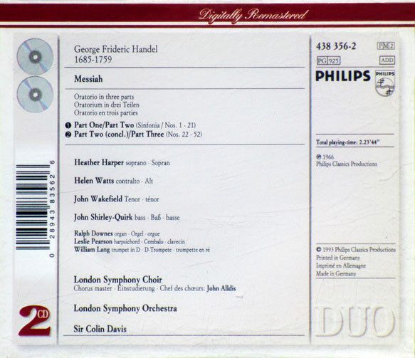 Handel, London Symphony Orchestra & Choir • Sir Colin Davis – Messiah 2CD Carousel 2