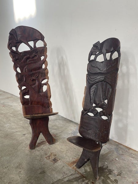 Pair of Hand-Carved Makonde Palaver Chairs Carousel 2