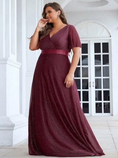 Lois flutter sleeve v neck glittering formal dress in burgundy s26 Express NZ...63620694425090111