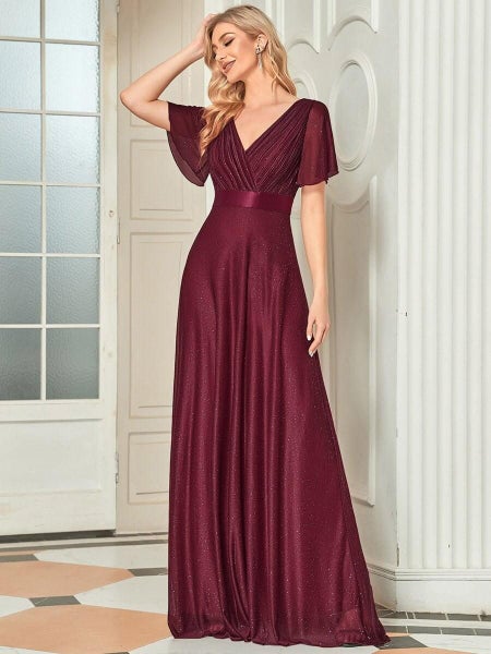 Lois flutter sleeve v neck glittering formal dress in burgundy s26 Express NZ...63620694425090114