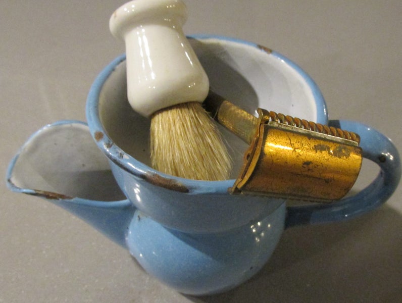 Lovely Antique Art Deco Era Duck Egg Blue Enamel Shaving Mug Brush & Brass Razor Carousel 2