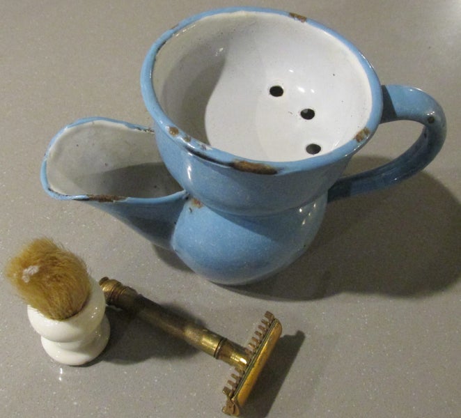 Lovely Antique Art Deco Era Duck Egg Blue Enamel Shaving Mug Brush & Brass Razor Carousel 1