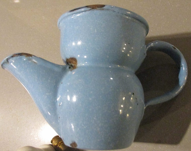 Lovely Antique Art Deco Era Duck Egg Blue Enamel Shaving Mug Brush & Brass Razor Carousel 5