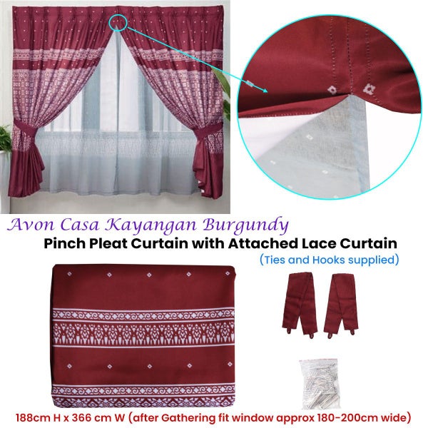 Avon Home Casa Kayangan Burgundy Pinch Pleat Curtain With Attached Lace Curtains Carousel 2