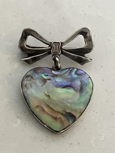 Fabulous vintage sterling silver brooch - paua heart suspended from a silver bow Carousel 8