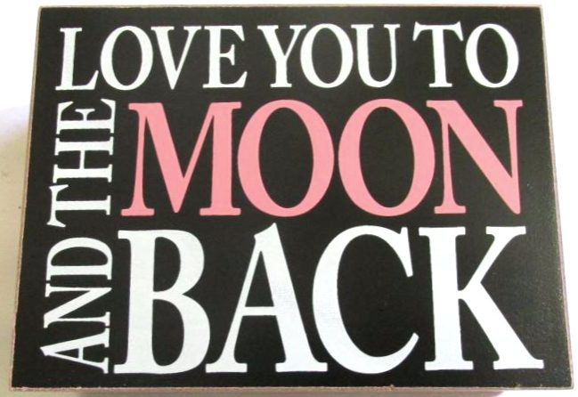 Love you to the Moon and Back, freestanding block in pink and white. Carousel 1
