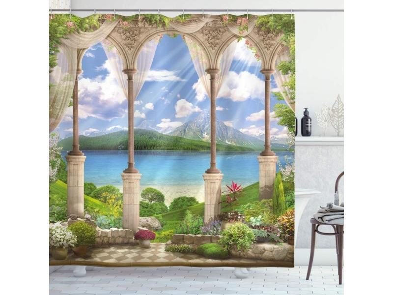 Window Outside Forest Bridge Spring Landscape Shower Curtain With Hook Carousel 1