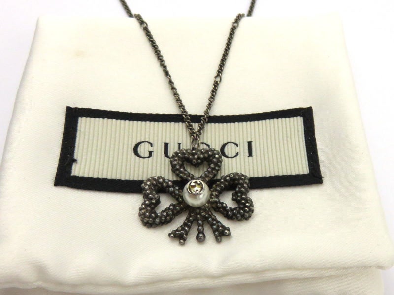 Gucci Sterling Silver Black Aureco Finish GG Pearl Clover Pendant Necklace Carousel 1