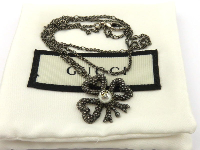 Gucci Sterling Silver Black Aureco Finish GG Pearl Clover Pendant Necklace Carousel 2