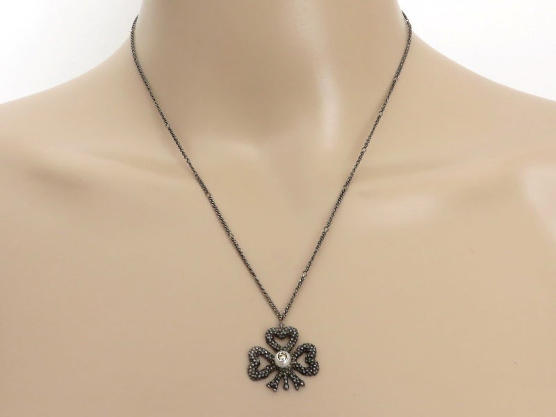 Gucci Sterling Silver Black Aureco Finish GG Pearl Clover Pendant Necklace Carousel 4