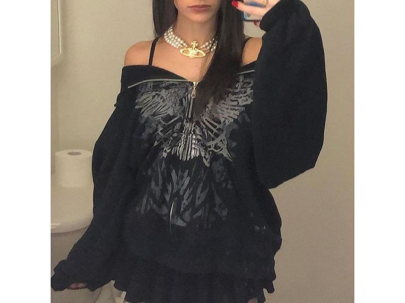 Y2K Gothic Butterfly Print Oversize Zip Up Hoodies Winter New Grunge Long Carousel 2