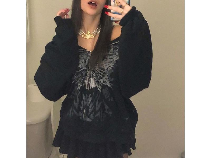 Y2K Gothic Butterfly Print Oversize Zip Up Hoodies Winter New Grunge Long Carousel 1
