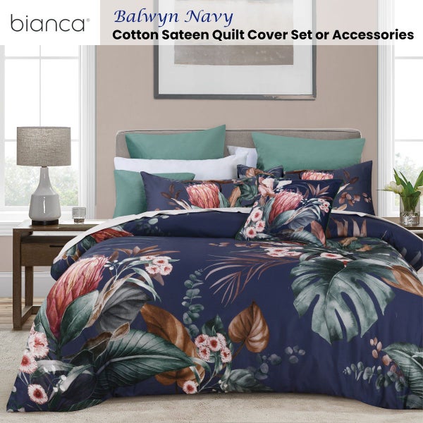 Bianca Balwyn Navy Cotton Sateen Botanical Quilt Cover Set or Accessories Carousel 2