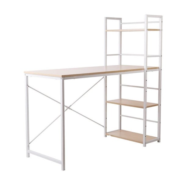 Artiss Metal Desk with Shelves - White with Oak Top Carousel 1