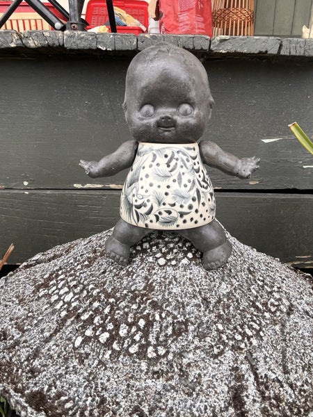 Articulated concrete kewpie doll teacup mushroom garden art Carousel 1