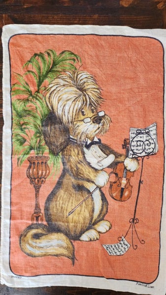 ~" Dunmoy Dog With A Fiddle Pure Irish Linen Vintage Tea Towel "~ Carousel 1