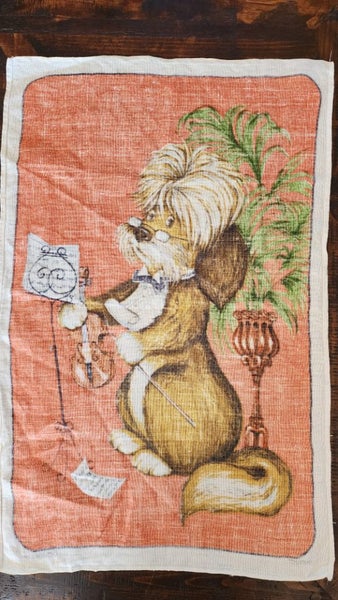 ~" Dunmoy Dog With A Fiddle Pure Irish Linen Vintage Tea Towel "~ Carousel 7