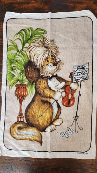 ~" Dunmoy Dog With A Fiddle Pure Irish Linen Vintage Tea Towel "~ Carousel 1