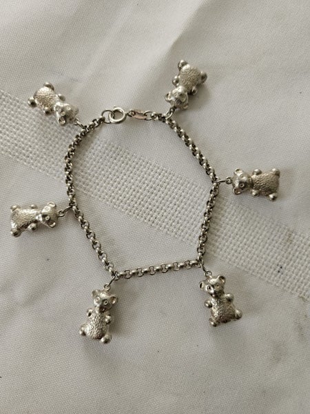VINTAGE STERLING SILVER TEDDY BEAR CHARM BRACELET Carousel 1