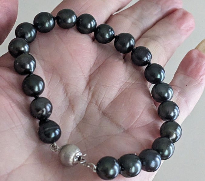 9mm Tahitian Sea Peacock Black Green Round Pearl Bracelet 20cms Carousel 6