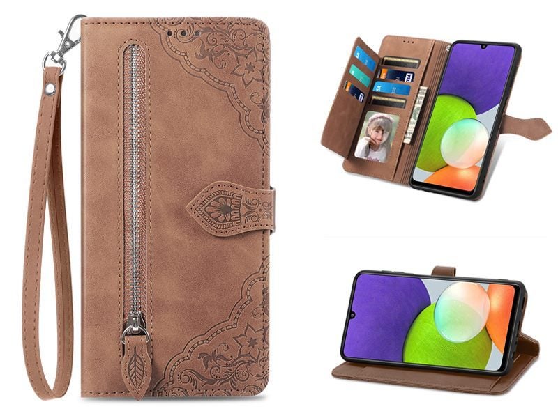 PU Leather Stand Wallet Case Cover for Samsung Galaxy A22 4G with Wrist Strap Carousel 1