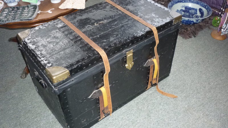 WOODEN VINTAGE METAL BOUND TRUNK Carousel 1