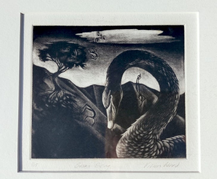 NZ Artist Vivian Ward Surrealist Mezzotint / Etching "Swan Song". Carousel 1