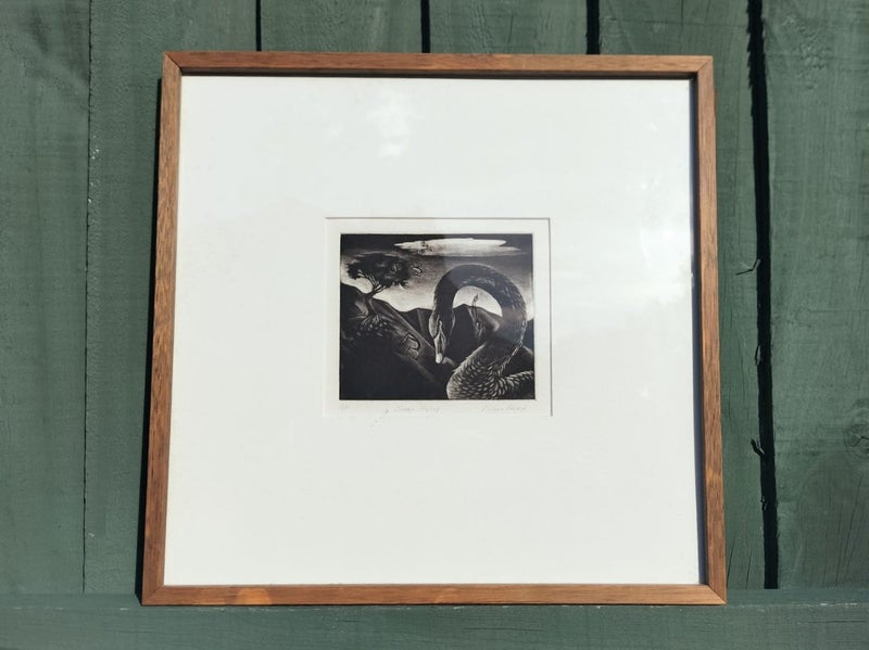 NZ Artist Vivian Ward Surrealist Mezzotint / Etching "Swan Song". Carousel 2