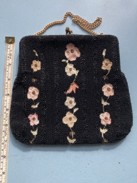 Antique Josef Black Bead and Embroidered Floral Bag628647270048031124