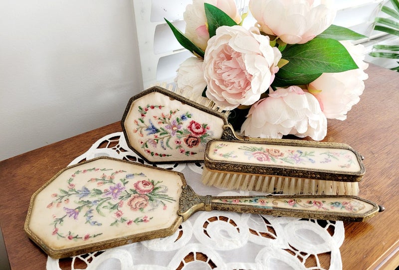 Vintage Dressing Table Vanity Set Petite Point Brushes & Mirror Carousel 1