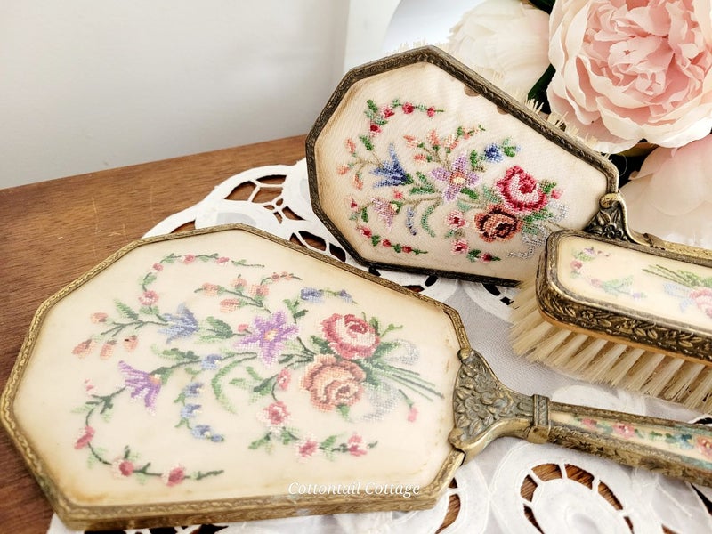 Vintage Dressing Table Vanity Set Petite Point Brushes & Mirror Carousel 2