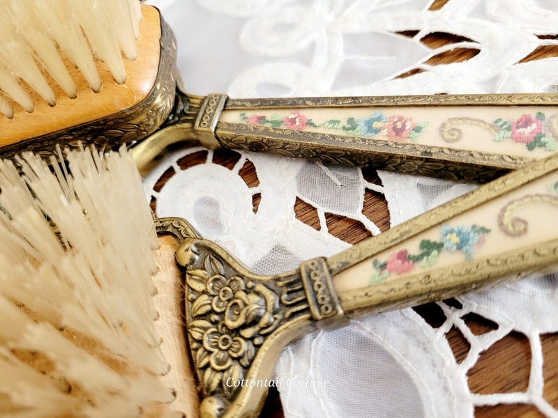 Vintage Dressing Table Vanity Set Petite Point Brushes & Mirror Carousel 8