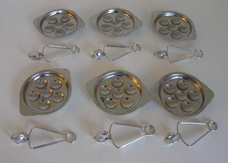 French Escargot S/Steel Snail Dishes and Tongs x 6 Carousel 1