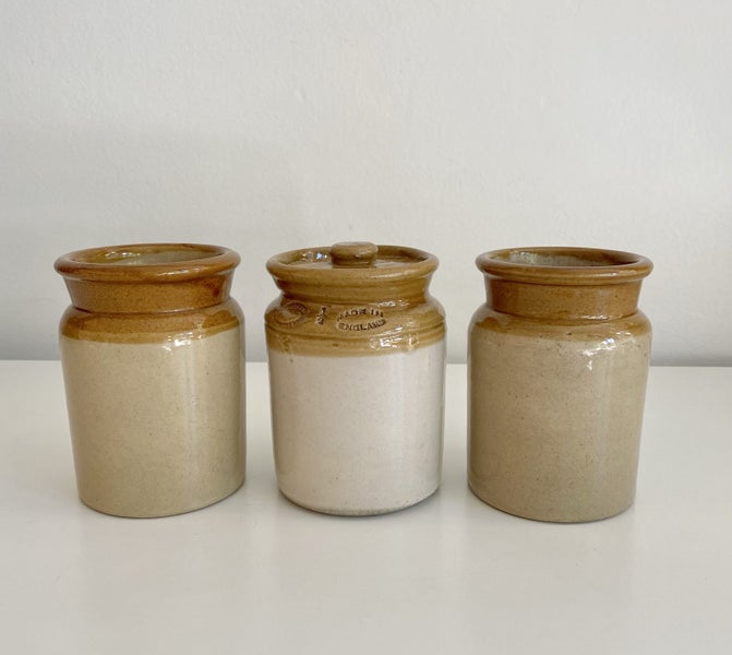 Three Beautiful Vintage Stoneware Pots/Mini Crocks Carousel 1