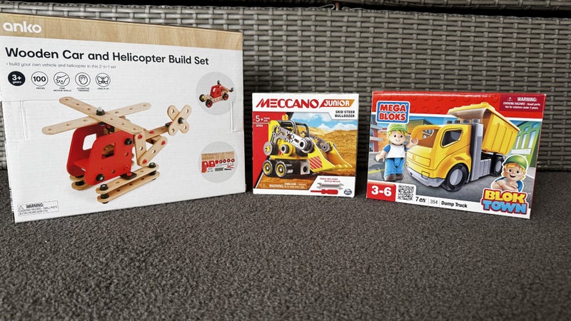 Meccano Skid Steer Bulldozer & Wooden Car & Helicopter Set Carousel 1