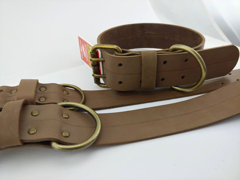 Taurus Genuine Leather Dog Collar Large 57cm - Buffed Brown Brass Buckle Carousel 1