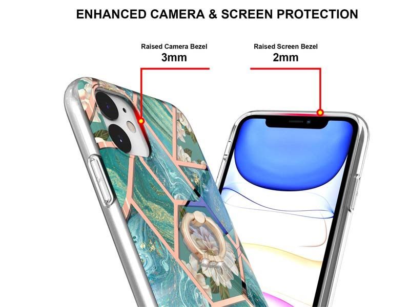 Finger Ring Kickstand Case Cover for iPhone 11 Marble & Flower Carousel 2