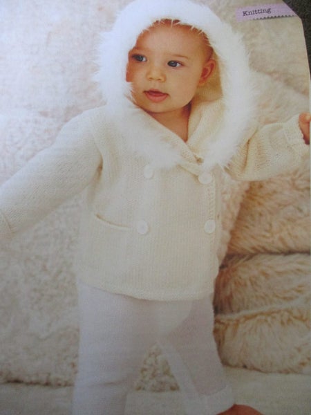 KNIT~ "Fur Trimmed & Fabulous~ Babies Hooded Jacket" knit for 0-12 month olds! Carousel 1