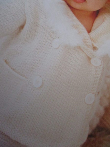KNIT~ "Fur Trimmed & Fabulous~ Babies Hooded Jacket" knit for 0-12 month olds! Carousel 2