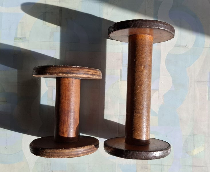 Two big old factory wooden spools / bobbins - wonderful patina Carousel 1