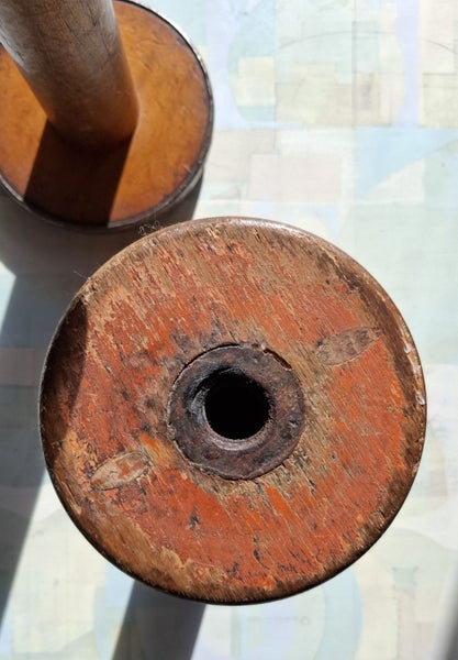 Two big old factory wooden spools / bobbins - wonderful patina Carousel 2