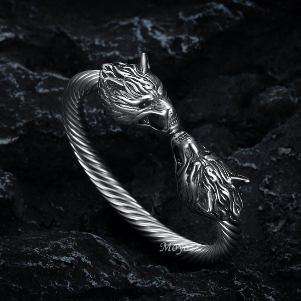 6-8 inch Stainless Steel Viking Wolf Bangle Fenrir Norse Bracelet Arm Ring Carousel 2